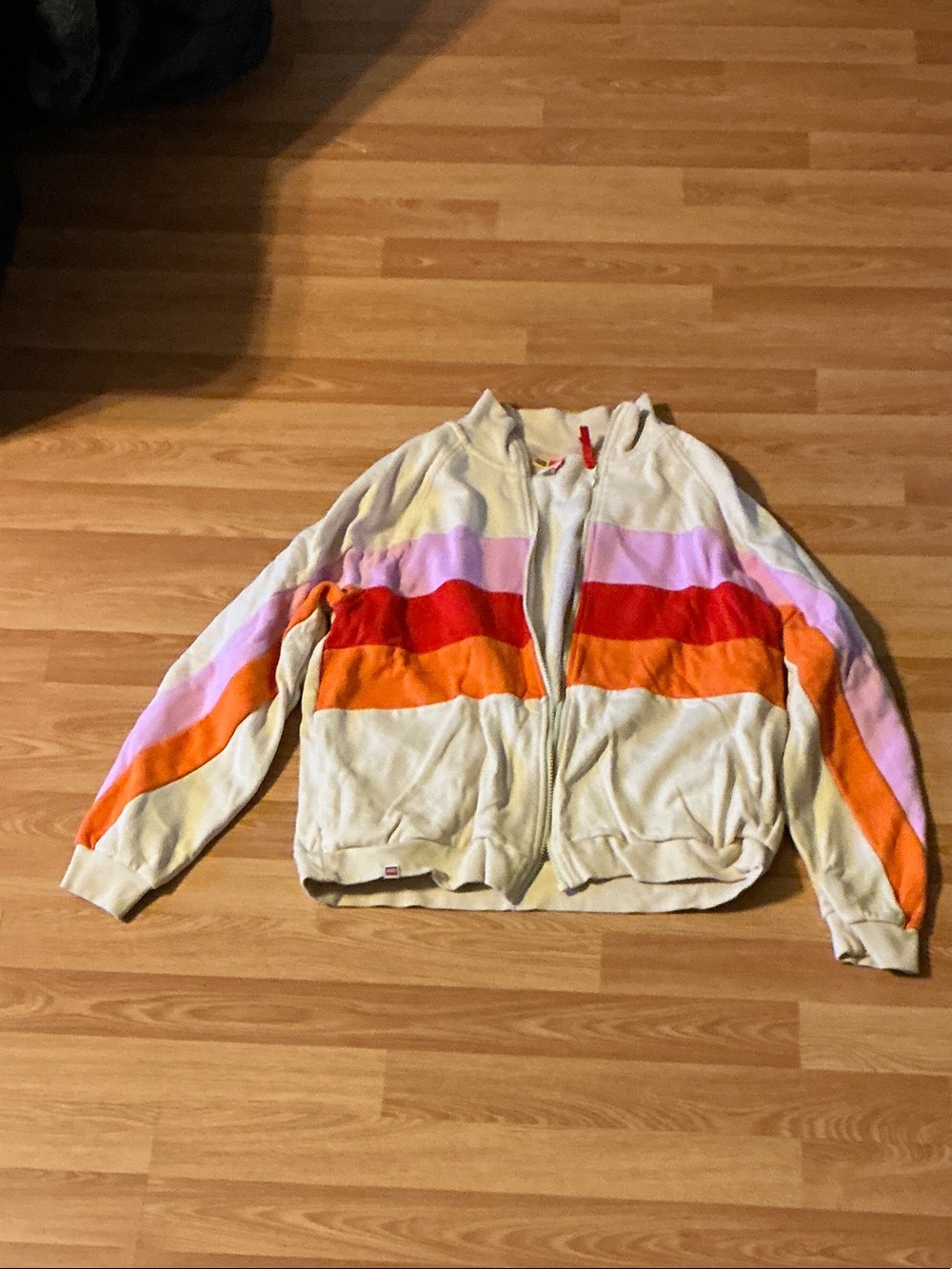 Lego Cream Bomber Jacket with Pink, Red and Orange Stripes